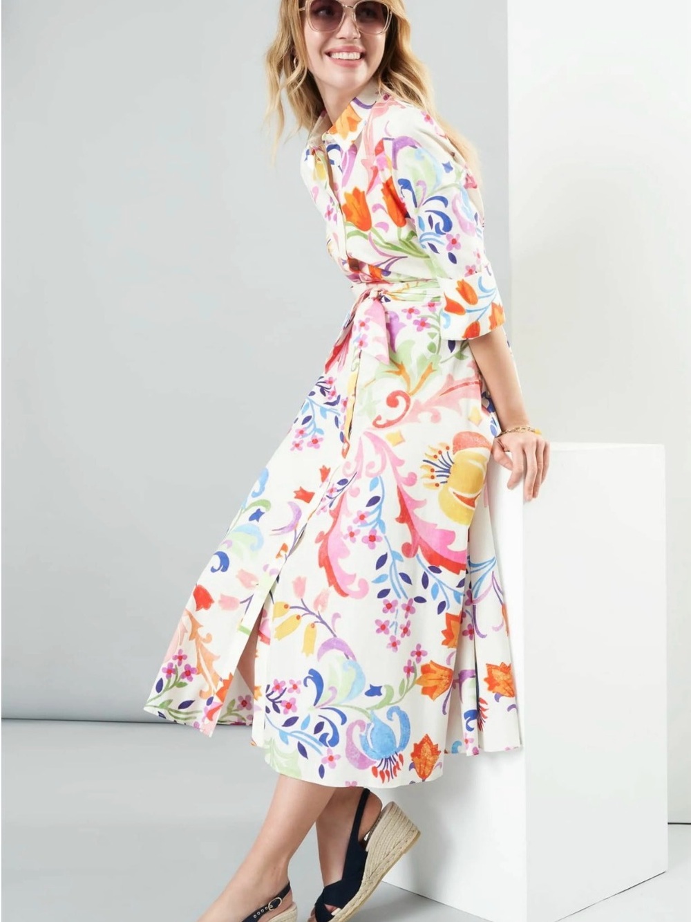 Zara Floral Tie-Waist Midi Dress in Multicolor Small